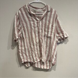 Women's‎ Madewell Beige and Brown Striped Button Down Top 100% Linen Size Large